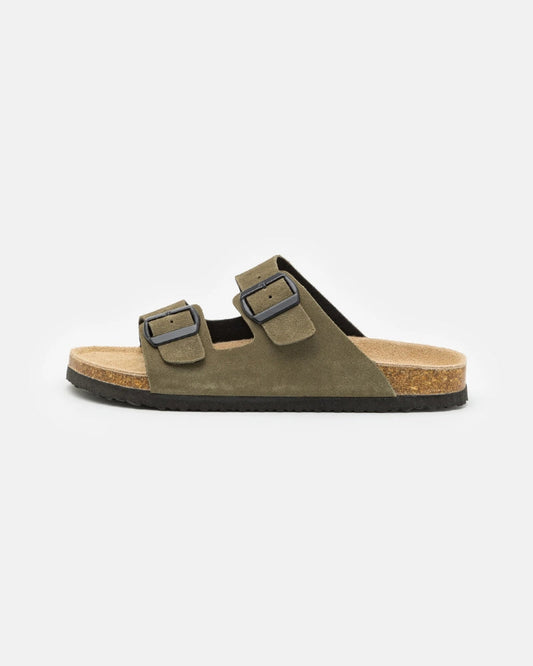 Double-Buckle Suede Sandals - Olive