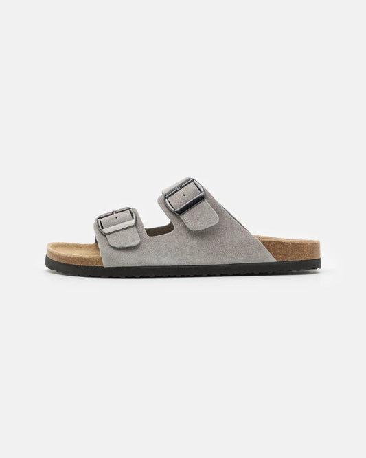 Double-Buckle Suede Sandals - Light Grey