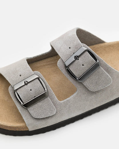 Double-Buckle Suede Sandals - Light Grey